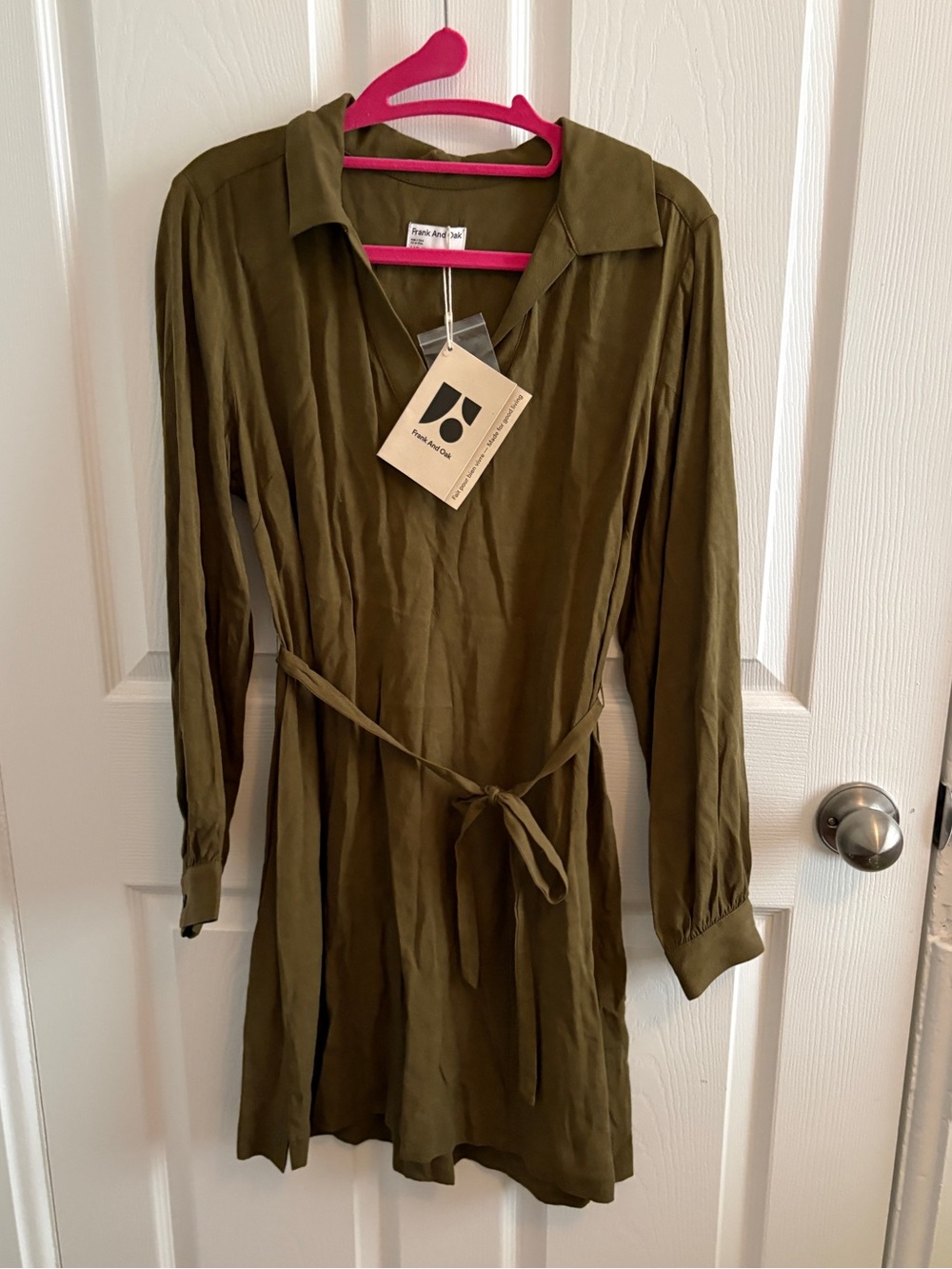 Frank & Oak Olive Green Shirt Dress with Tie Waist